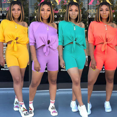 Geriausia kaina Moterų apranga vienspalvis trumpomis rankovėmis pėdkelnės kostiumas dviejų dalių vasaros trumpas rinkinys