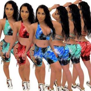 夏タイダイ2点セットセクシーな女性バックレスバンデージホローアウトショートパンツショートセット