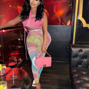 春と夏の女性の無地ノースリーブシャツメッシュパンツプリントスーツ女性ツーピースセット