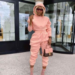 Осень Дамы Одежда Случайные Твердые Толстовка Джоггер Костюм Женщины Пот Карман Растениеводство Sweatsuit 2 Шт. Брюки Наборы