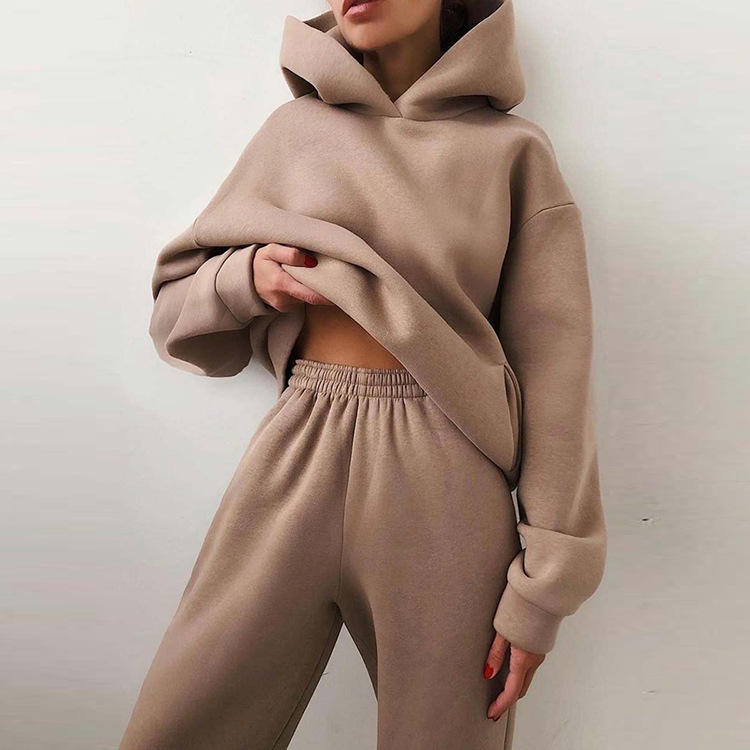 Autumn Winter Solid Color Knitted Women Long Sleeve Tracksuit Pocket Hoodie Trousers Two Piece Set
