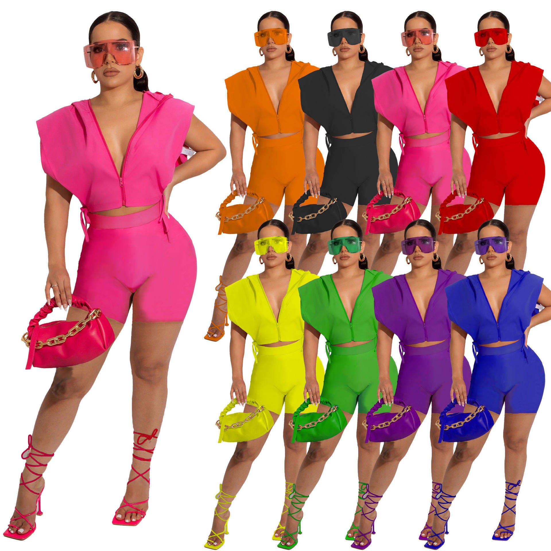 Modne ženske oblačila brez rokavov Zip Crop Top 2 kos kratke hlače Set Womens enobarvno dva kos hlače kompleti