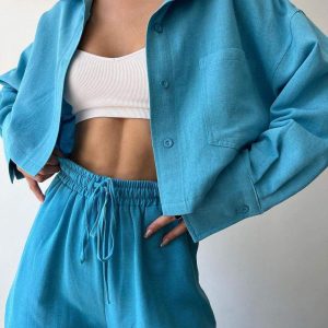 春新作カジュアルスーツ無地ラペル長袖シャツトップスハーレムパンツ2点セットレディースセット