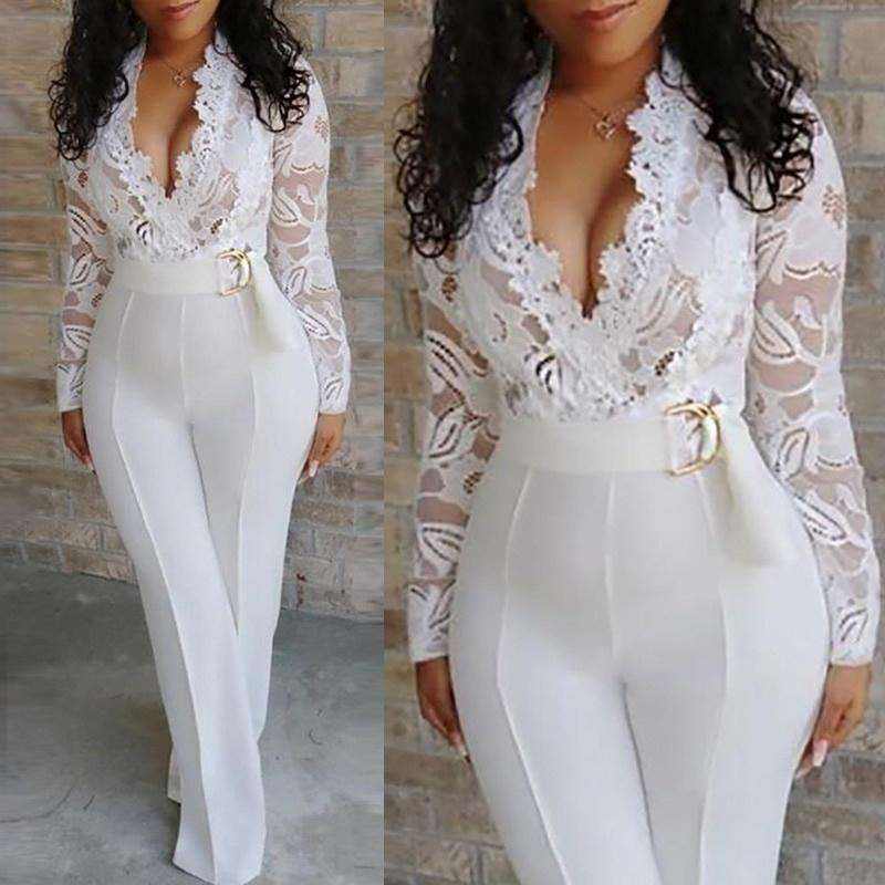 Women's White Floral Lace Long Jumpsuit Long Sleeve Sexy Casual Fall Outfit for Wholesale