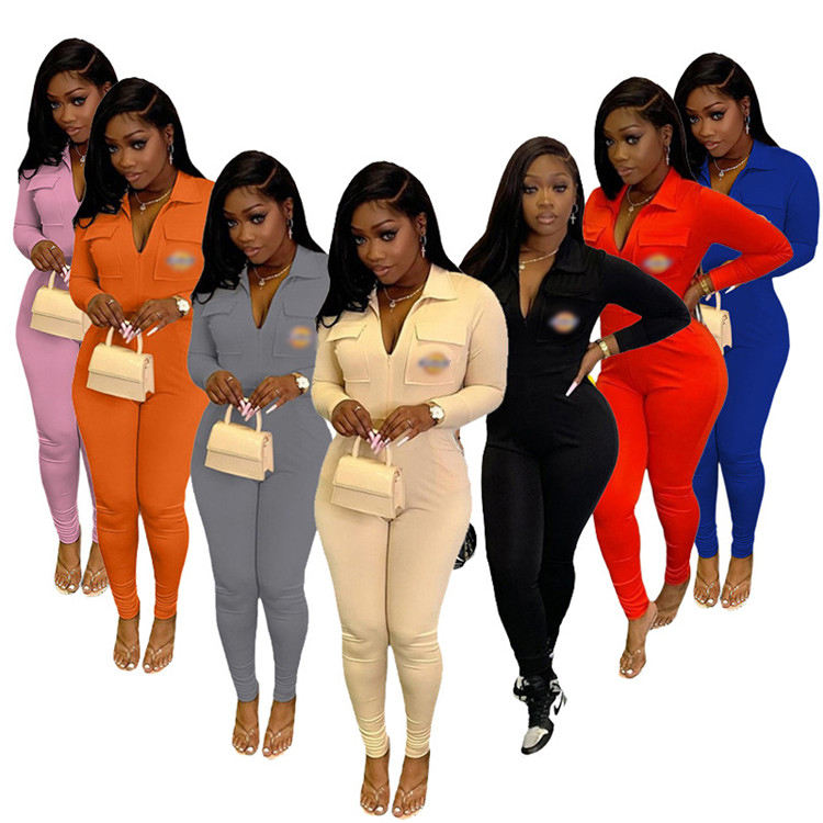 Frauen Langarm solide Farbe Bodysuit Zipper Rompers Jumpsuits Playsuits Rompers Bodysuits für Frauen Jumpsuits