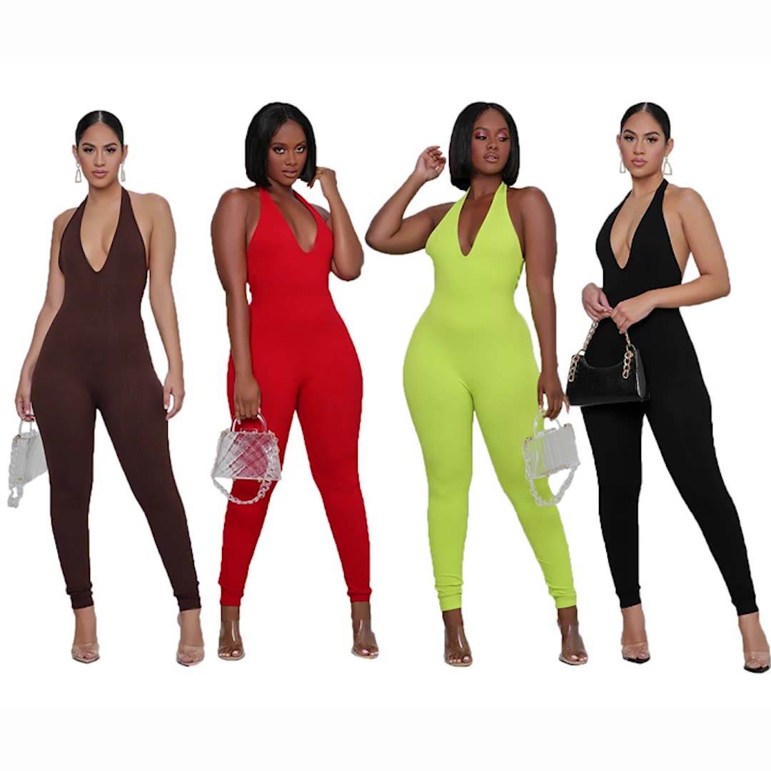 Sexy Design rückenfreie ärmellose Halter Hals V-Ausschnitt Hip Lifting Sport ein Stück Jumpsuit