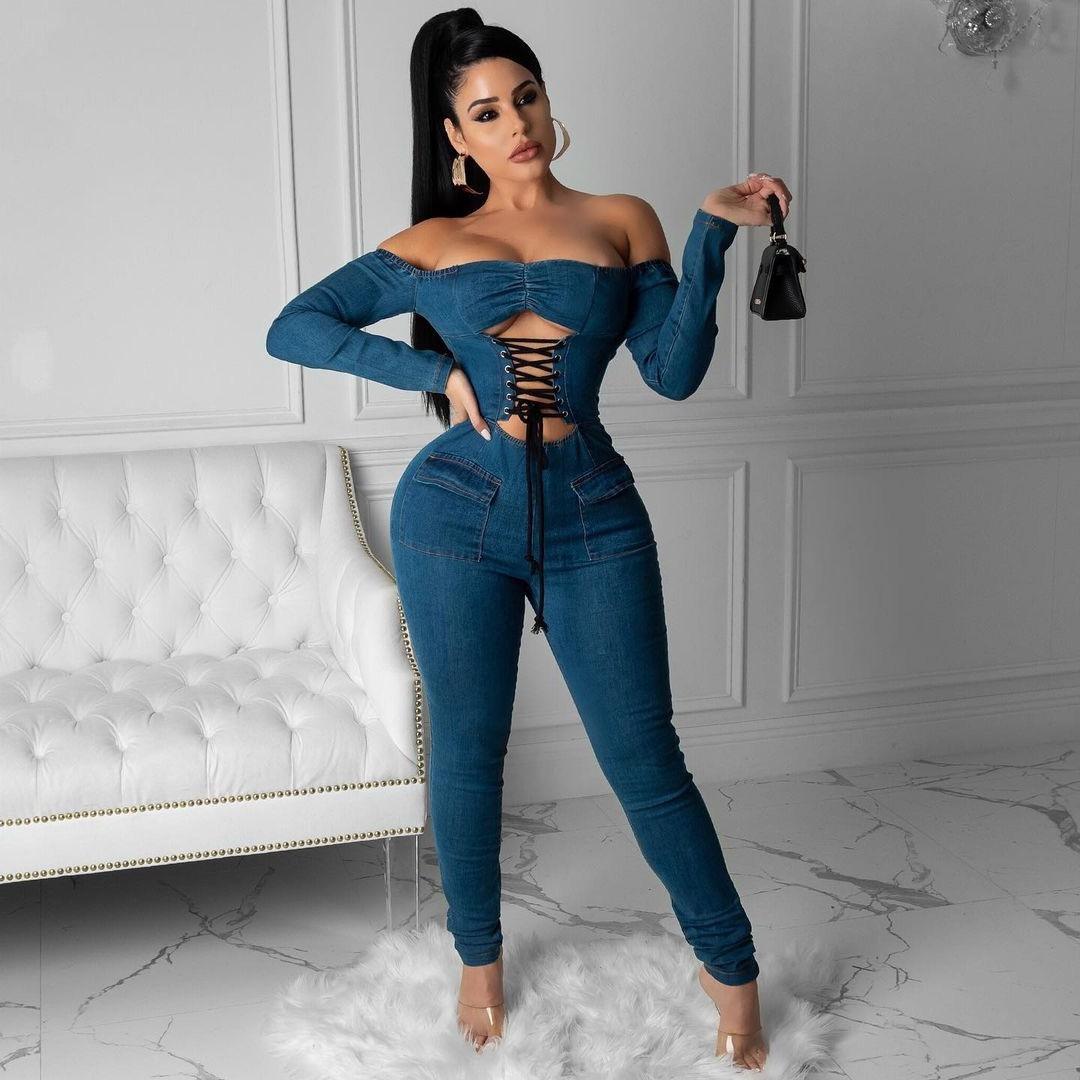 Nauja mada Moterų mados vienos linijos petnešėlė seksualus mėlynas Jean Jumpsuit