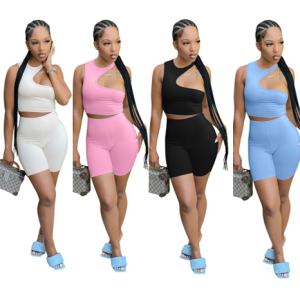 2022 Hot Sale Sexy Hole Tight Fitting Fashion Summer 2 Piece Shorts Women Set