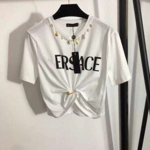 Summer New Hardware Pendant Round Neck Short Sleeve Pin Letter Print Close Waist Short Sleeve Open Navel T-shirt