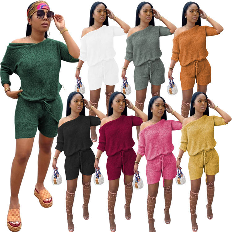 Женщины 2 Piece Экипировка Casual Одно Плечо Длинный Рукав Свободные Топы Drawstring Байкер Шорты Набор