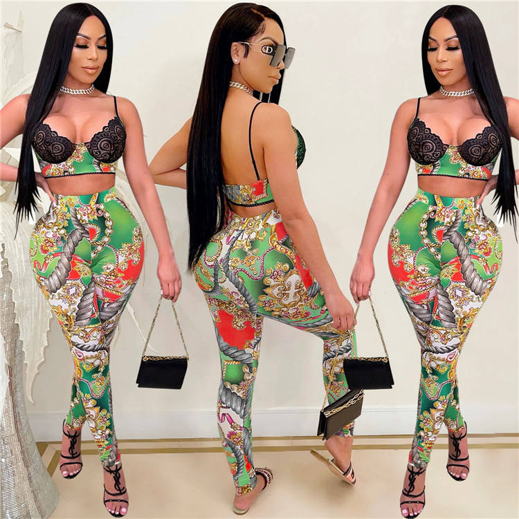 Summer Women's Lace Set Sexy Casual V-neck Top With Long Pant Set Tracksuit Print Two Piece Set - Attēls 2