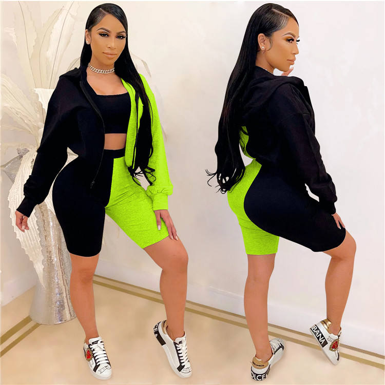 Outfits Zipper Coat With Top Short Pants Set 3 Piece Set Patchwork Tracksuit Summer Women Suit - Attēls 2