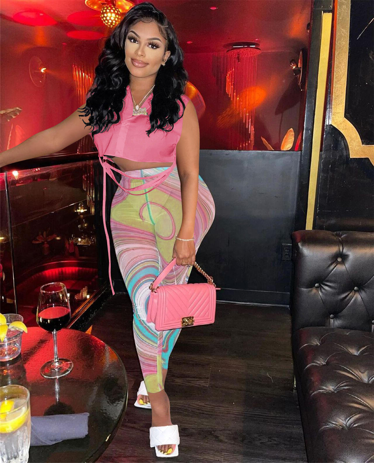 Spring and Summer Women's Solid Color Sleeveless Shirt Mesh Pants Printed Suit Women Two Piece Set - 이미지 2