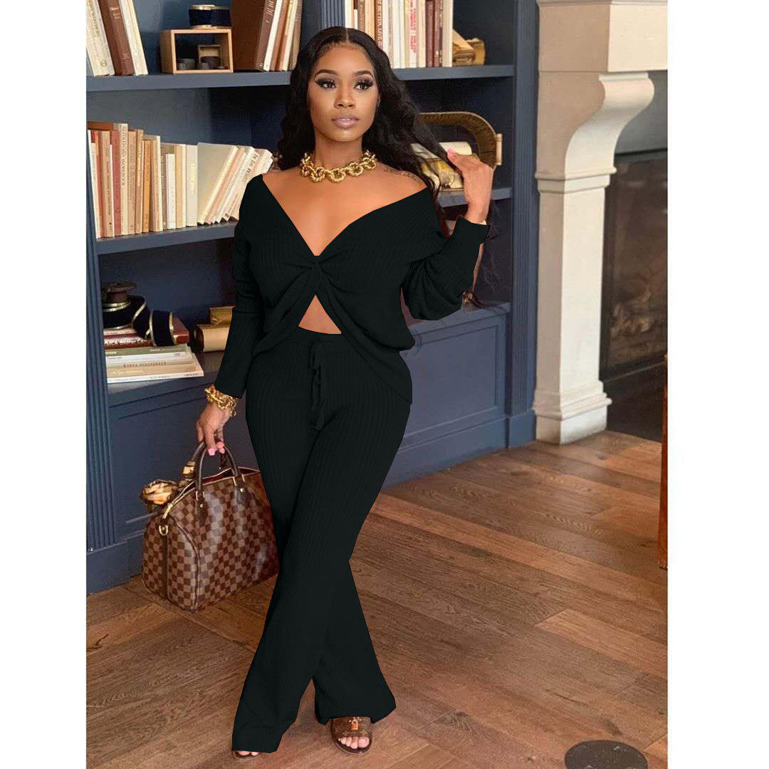 Wholesale Polyester 2 Piece Ladies Sexy Top and Pants Set Women Knitted Sweater Two Piece Set - Obrázek 2