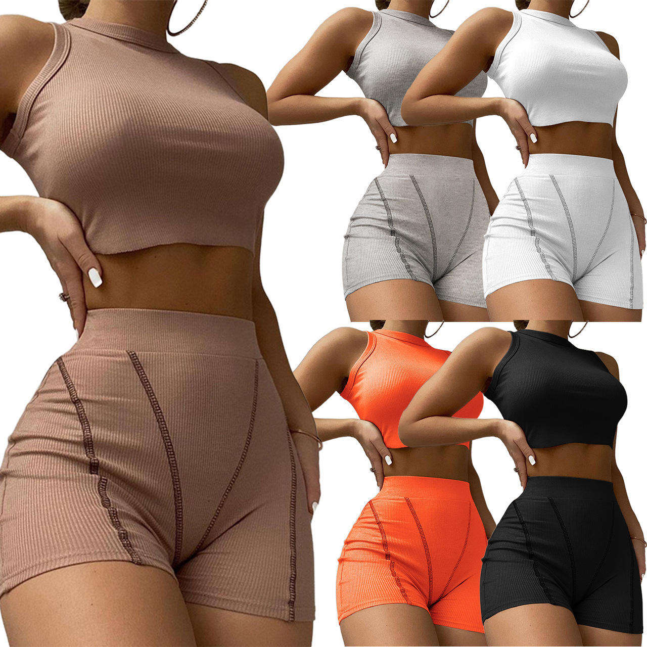 Summer Wholesale Customs Ribbed Outfits Yoga Camisole Crop Top Shorts Two Piece Short Set for Women - Obrázek 2