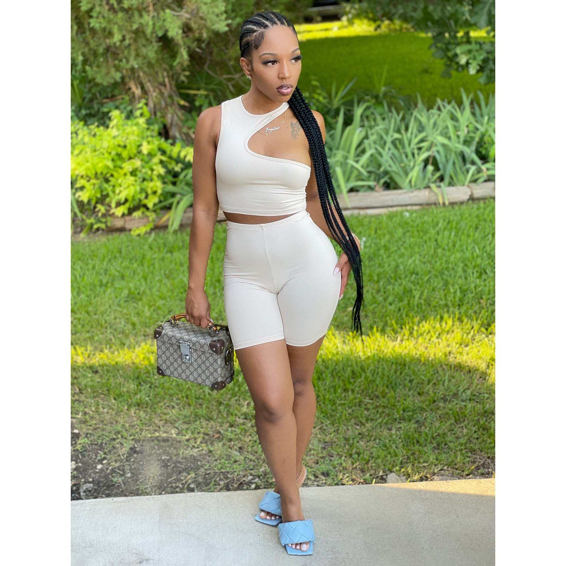 2022 Hot Sale Sexy Hole Tight Fitting Fashion Summer 2 Piece Shorts Women Set – Image 2