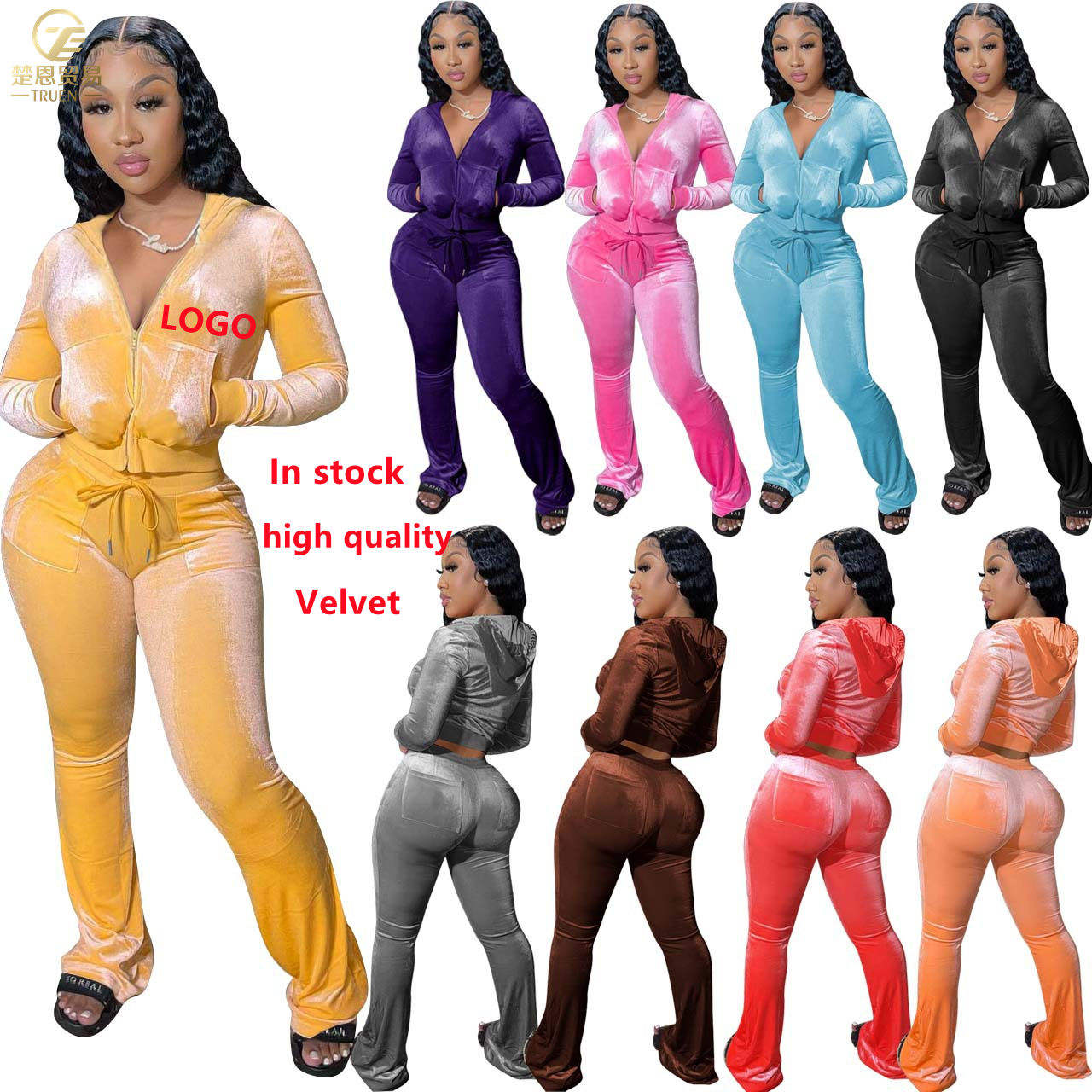 Hot Sale Fall Women's Hoodie Set Zipper Pocket Crop Top Jacket Velvet Jogging Suit Velour Tracksuits Women Two Piece Set - slika 2