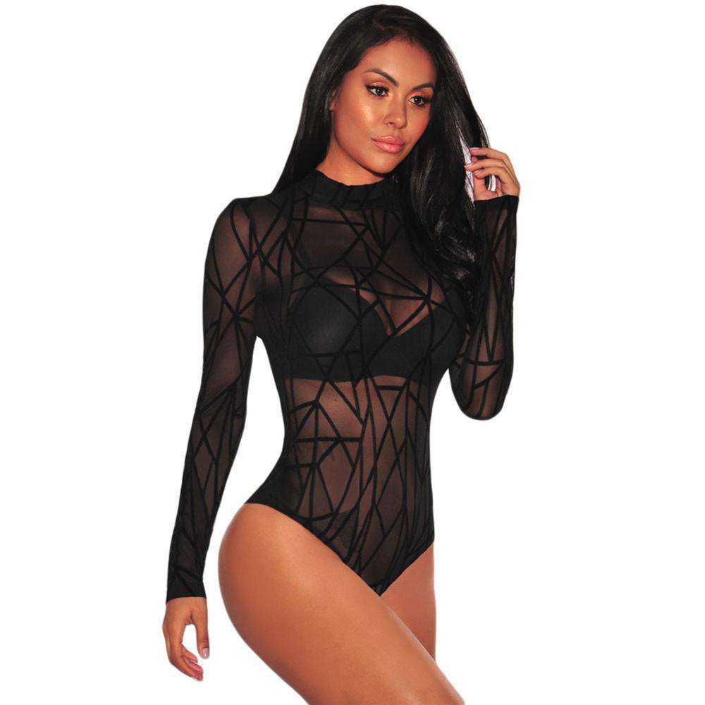 Spring Latest Design Black Sheer Long Sleeve Bodysuit for Women – Image 2