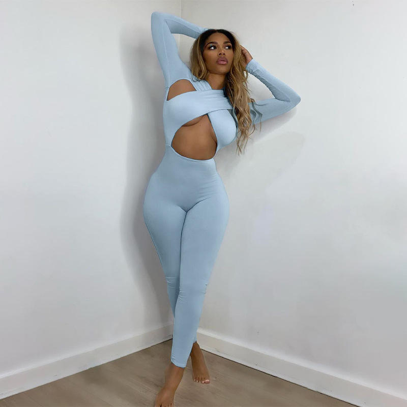 Women New Design Hot Selling Cross Boob Tube Long Sleeve Autumn Sexy Solid Jumpsuit Women - Vaizdas 2