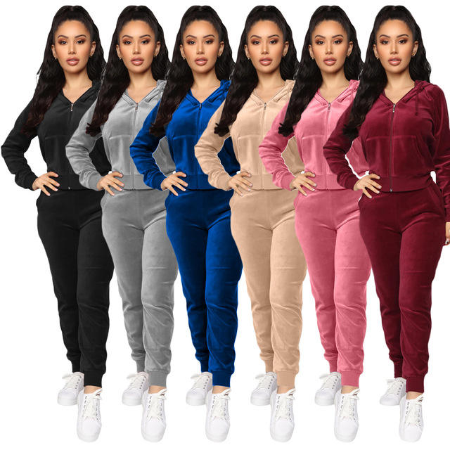 New Long Sleeve Active Jogger Suit Training Sweatsuit Women Fitted Velour Hooded Velvet Tracksuit - 이미지 2