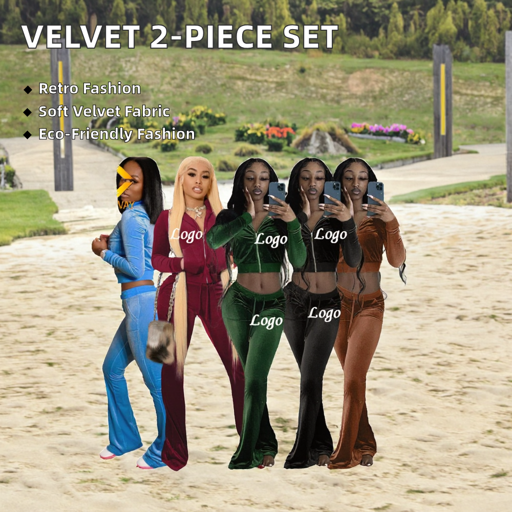 Hot Selling Women's 2-Piece Velour Tracksuit Short Crop Top and Jogging Suit with Pocketed Zipper Matching Velvet Set - slika 2