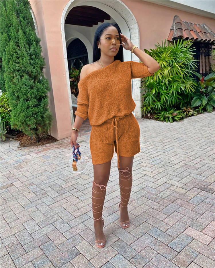 Women 2 Piece Outfit Casual One Shoulder Long Sleeve Loose Tops Drawstring Biker Shorts Set — изображение 3