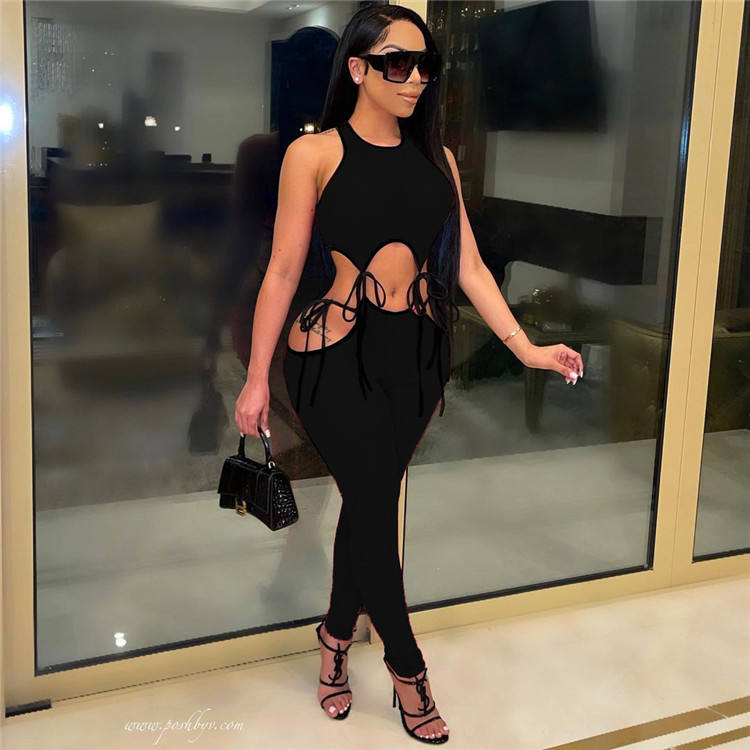 Summer Outfit Cut Out Hole Skinny 2 Piece Matching Set Women's Tracksuit Sleeveless Crop Top Set - Imagem 3