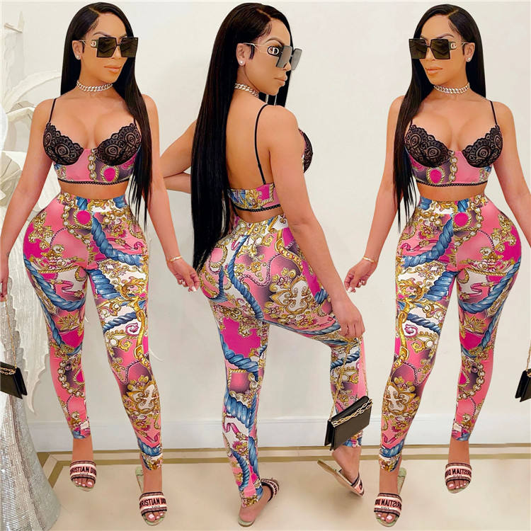 Summer Women's Lace Set Sexy Casual V-neck Top With Long Pant Set Tracksuit Print Two Piece Set - Attēls 3