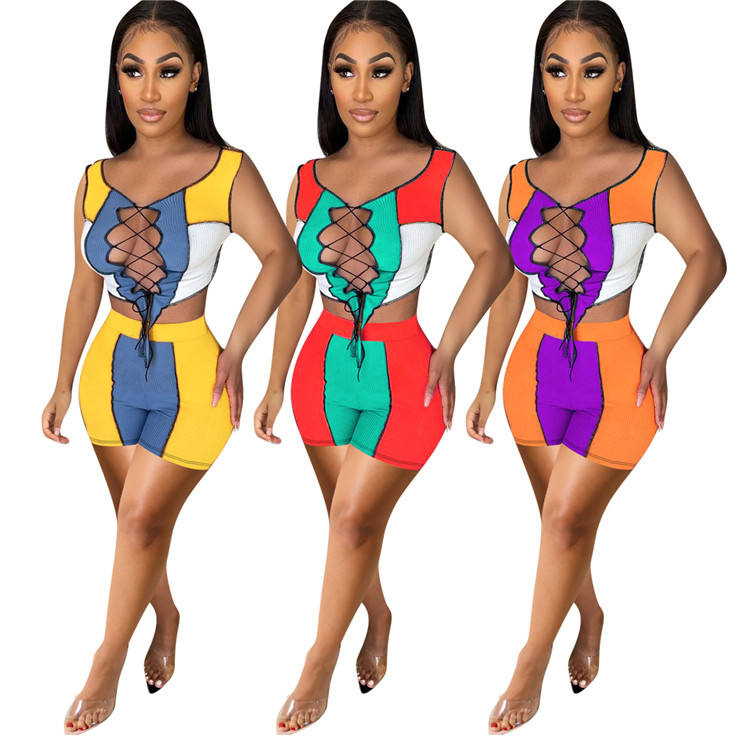 Summer Women Sexy Hollow Out Lace up Crop Tops Shorts Set Outfit Night Party Club Sets Ribbed Knit Patchwork Two Piece Set - Imagem 3
