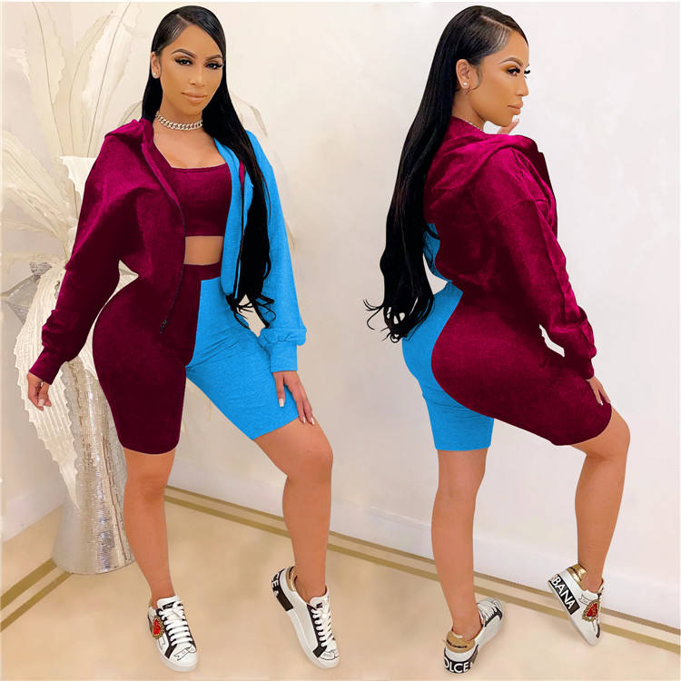 Outfits Zipper Coat With Top Short Pants Set 3 Piece Set Patchwork Tracksuit Summer Women Suit - Attēls 3