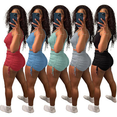 New Summer Ladies Sleeveless Drawstring Short Pants Two Piece Set Solid Bandage Tank Crop Top Short Set - 画像 (3)
