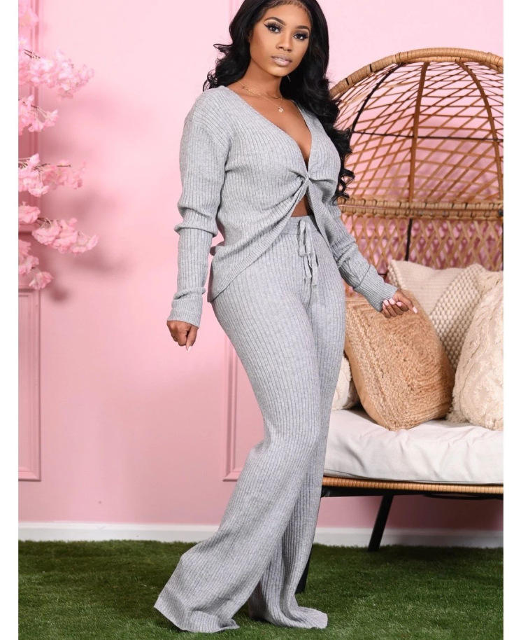 Wholesale Polyester 2 Piece Ladies Sexy Top and Pants Set Women Knitted Sweater Two Piece Set - Obrázek 3