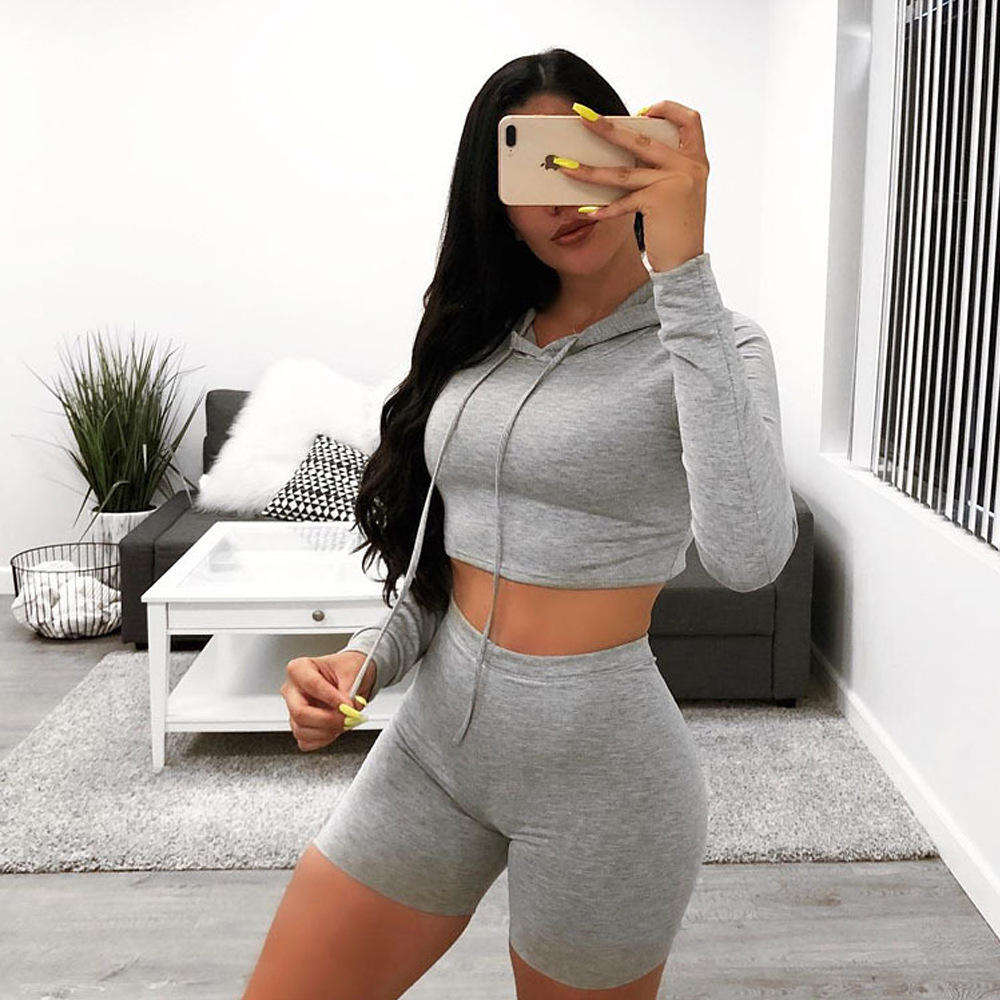 Summer Women Casual Long Sleeve Sexy Tracksuit Pullover Hoodie Two Piece Short Pant Set - Obrázek 3