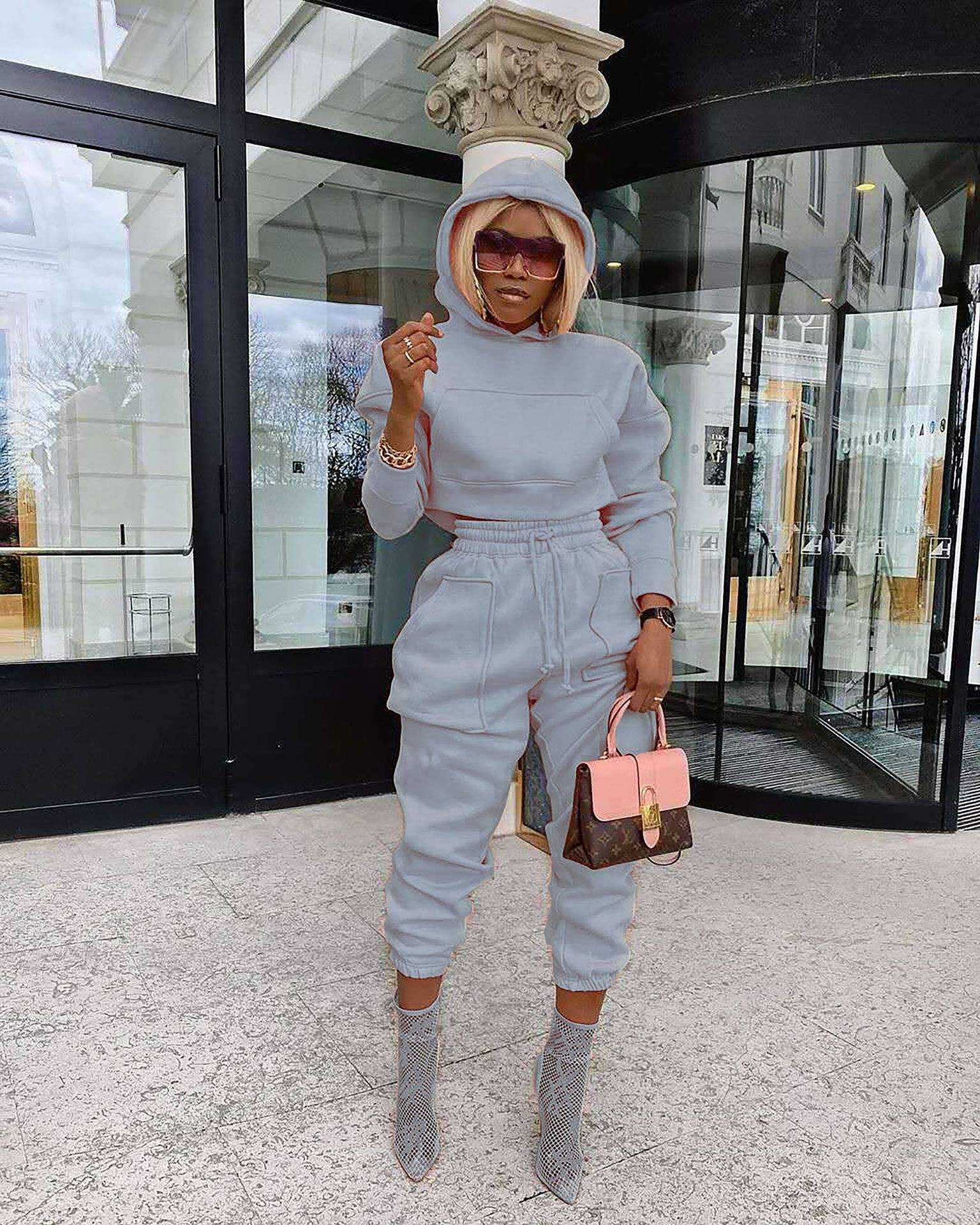 Fall Autumn Ladies Clothing Casual Solid Hoodie Jogger Suit Womens Sweat Pocket Crop Sweatsuit 2 Piece Pants Sets - imagine 3