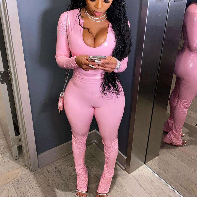High Quality Fall Women Two Piece Clothing PU Bodycon Solid Color Long Sleeve Blouse Wide Leg Pants Women Sweat Suit Set - slika 3