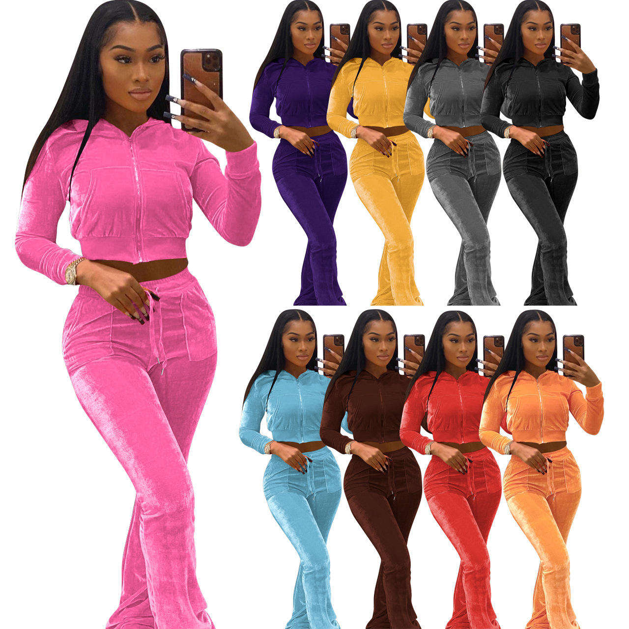 Hot Sale Fall Women's Hoodie Set Zipper Pocket Crop Top Jacket Velvet Jogging Suit Velour Tracksuits Women Two Piece Set - slika 3