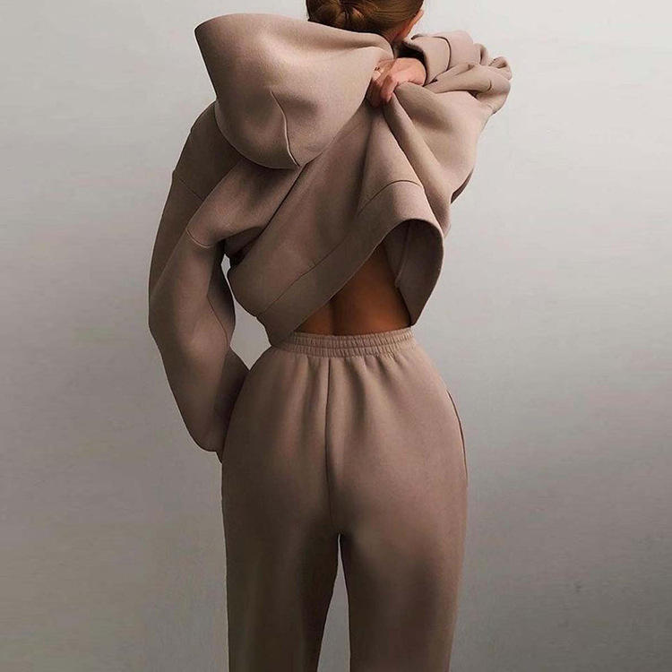 Autumn Winter Solid Color Knitted Long Sleeve Women Tracksuit Pocket Hoodie Trousers Two Piece Set – Image 3