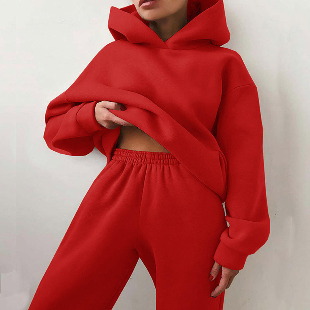 Casual Fashion Solid Color Knitted Long Sleeve Women Tracksuit Pocket Hoodie Trousers Two Piece Set - Vaizdas 3