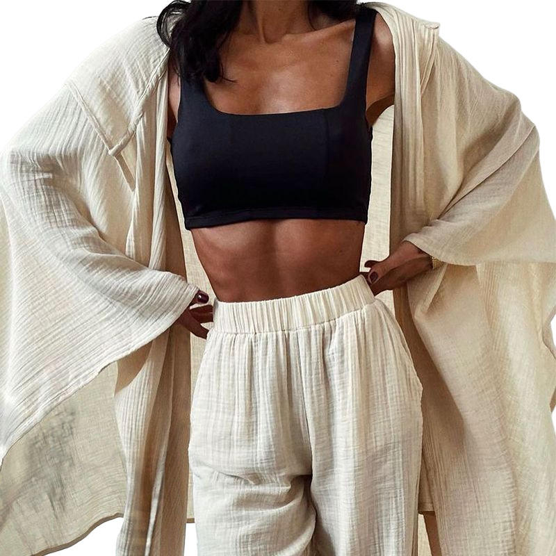 Linen Cotton Pajamas for Women Set Short Sleeve Shirt and Wide Leg Pant With Pockets Two Pieces Lounge Wear Sets Women - slika 3