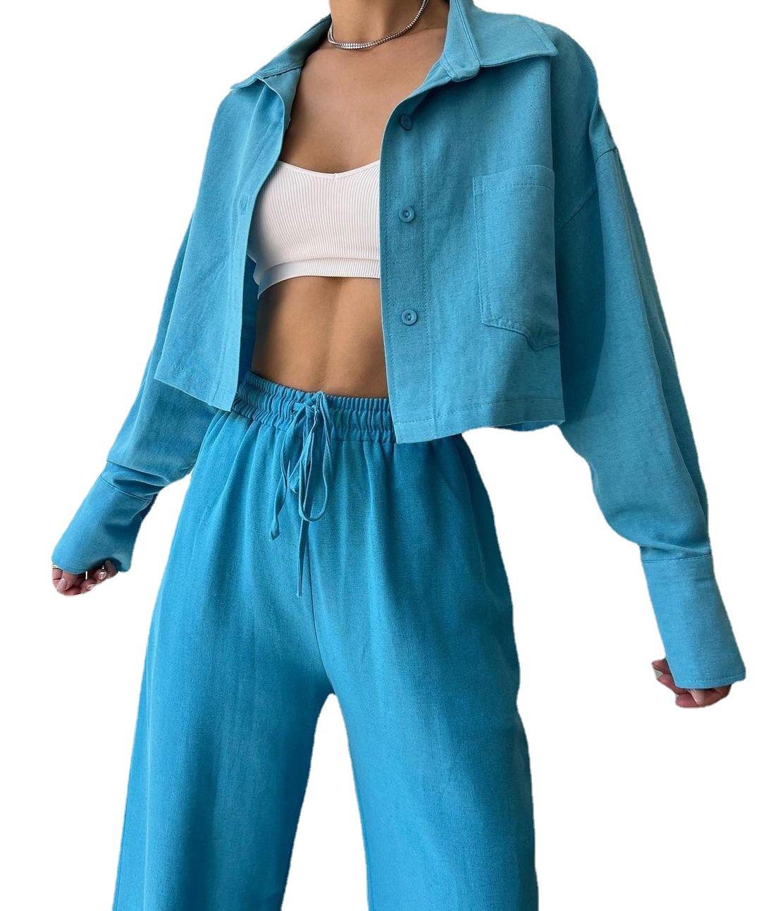 Spring New Casual Suit Solid Color Lapel Long-Sleeved Shirt Top Harem Pants Two-Piece Set Women Set — изображение 3