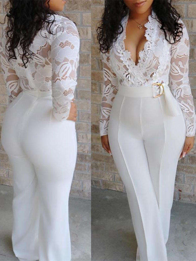 Women's White Floral Lace Long Jumpsuit Long Sleeve Sexy Casual Fall Outfit for Wholesale - Image 3