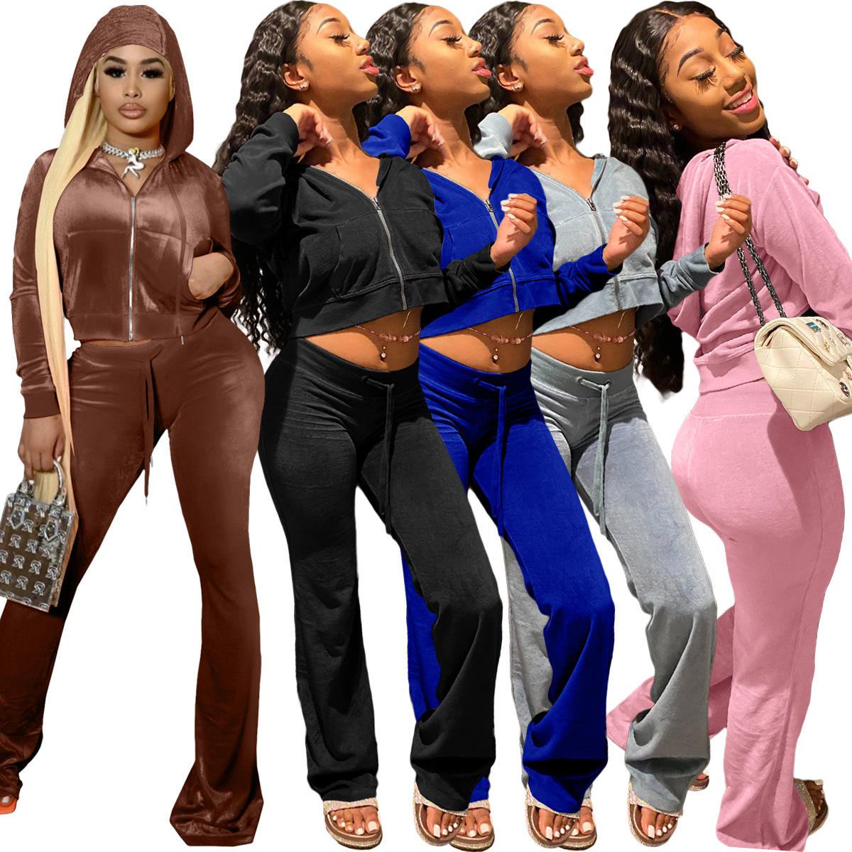 Velour Crystal Crop Hoodies Super Women Clothing Set Cropped Hoodie and Flare Pants - Obrázek 3