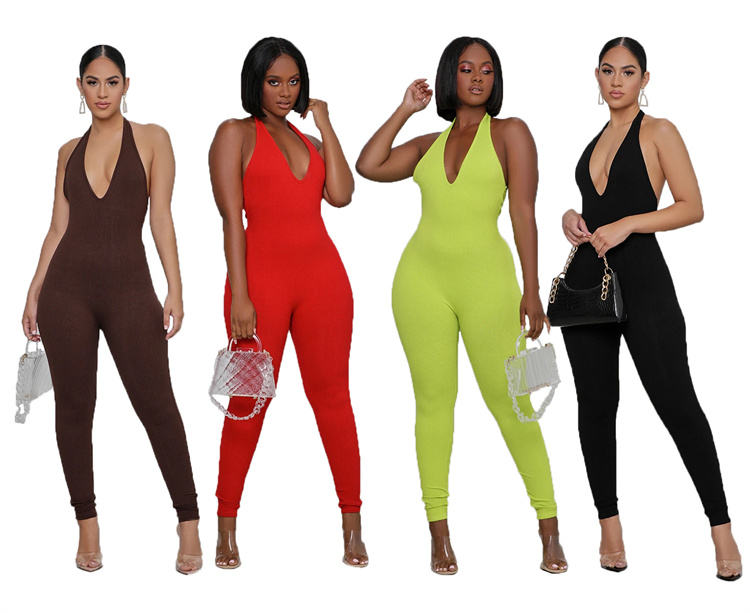 Sexy Design Backless Sleeveless Halter Neck V-neck Hip Lifting Sports One Piece Jumpsuit – Bild 3