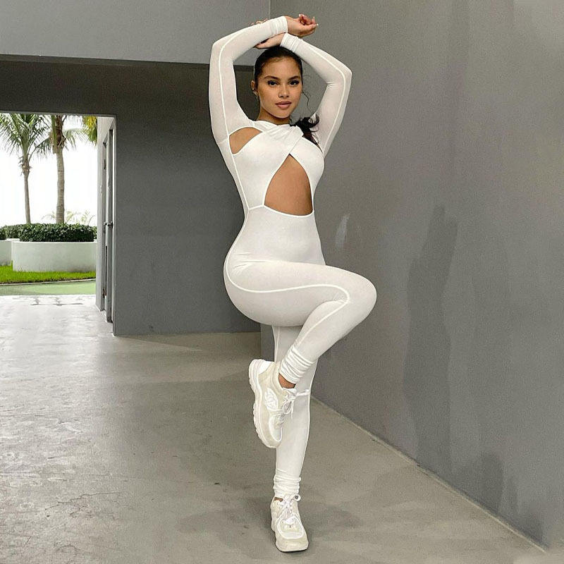 Women New Design Hot Selling Cross Boob Tube Long Sleeve Autumn Sexy Solid Jumpsuit Women - Vaizdas 3