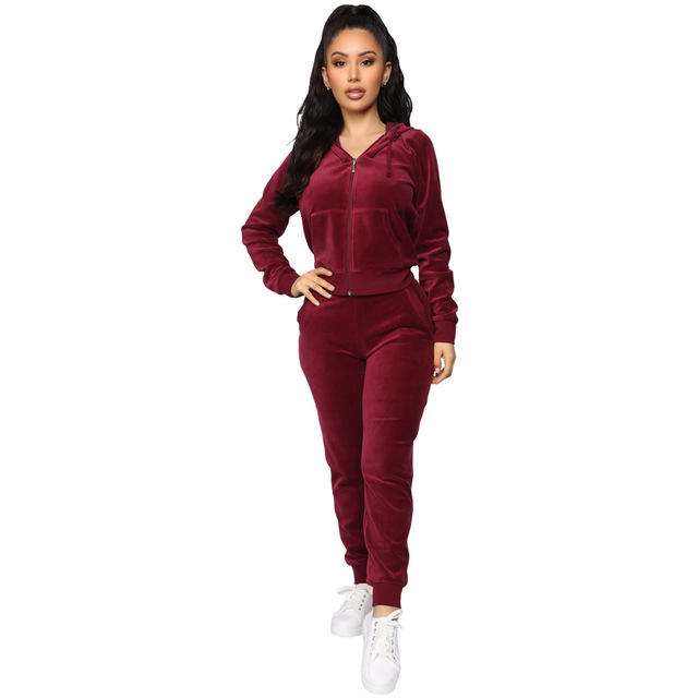 New Long Sleeve Active Jogger Suit Training Sweatsuit Women Fitted Velour Hooded Velvet Tracksuit - 이미지 3