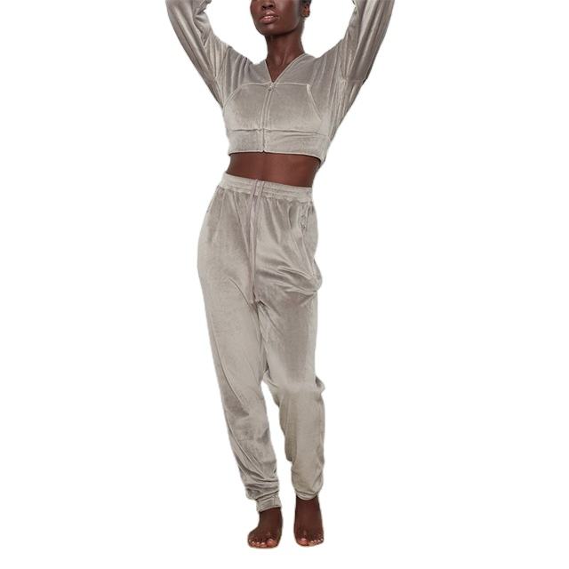 Wholesale Custom Crop Top Long Pants Velvet Sweat Suits Sets 2 Piece Velour Tracksuit for Women - Vaizdas 3