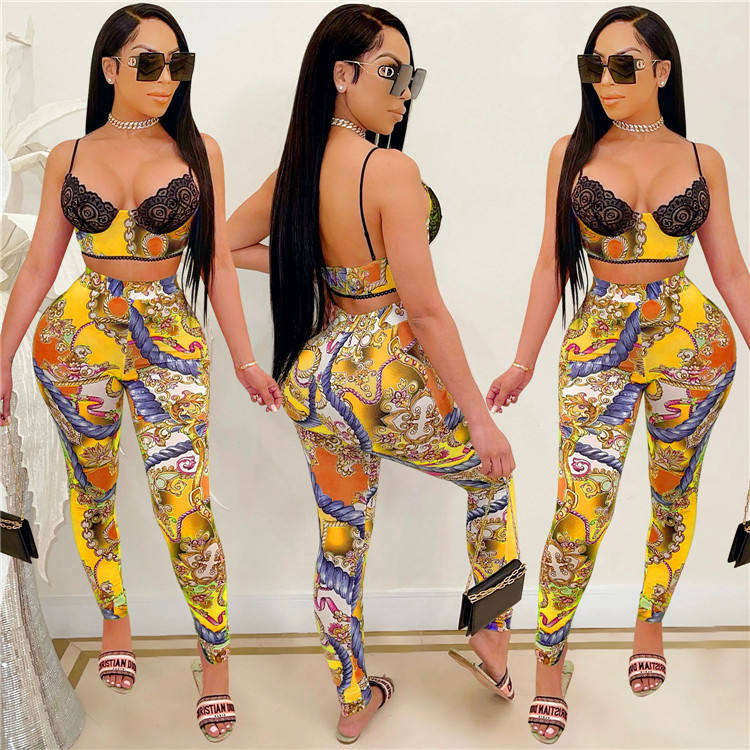 Summer Women's Lace Set Sexy Casual V-neck Top With Long Pant Set Tracksuit Print Two Piece Set - Attēls 4