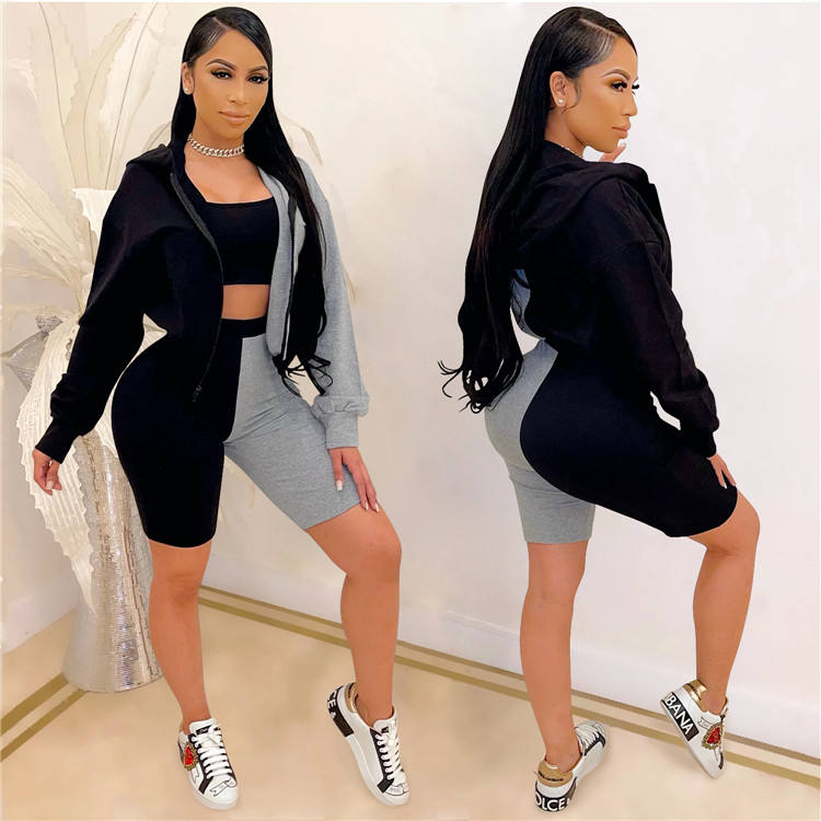 Outfits Zipper Coat With Top Short Pants Set 3 Piece Set Patchwork Tracksuit Summer Women Suit - Attēls 4