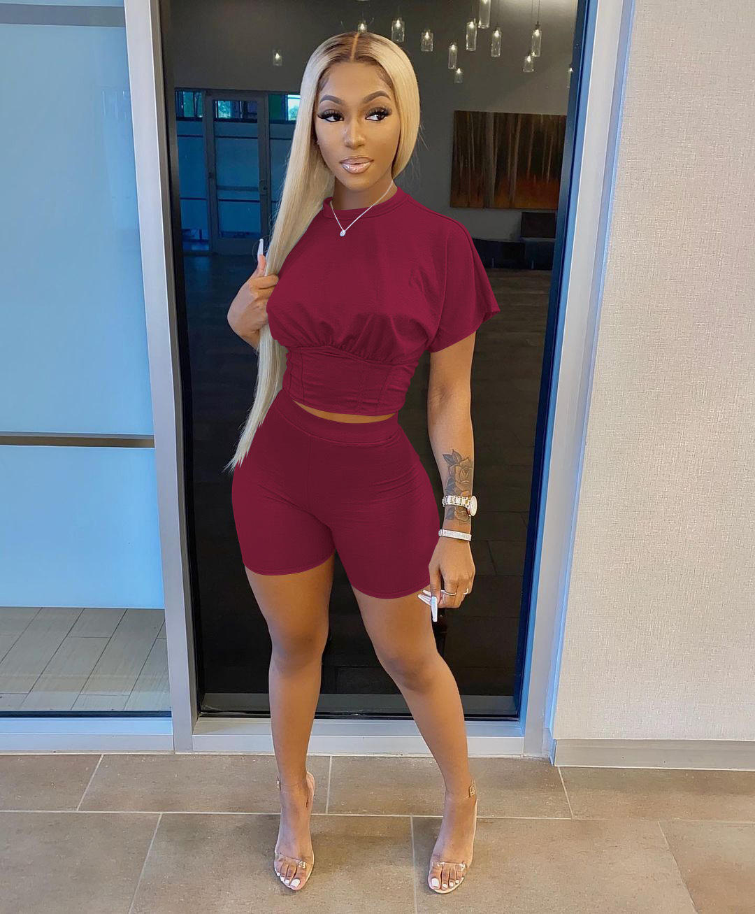 New Styles Fashion Design OEM Custom Logo Printing Plain Shirt Shorts Sets for Women - Imagem 4