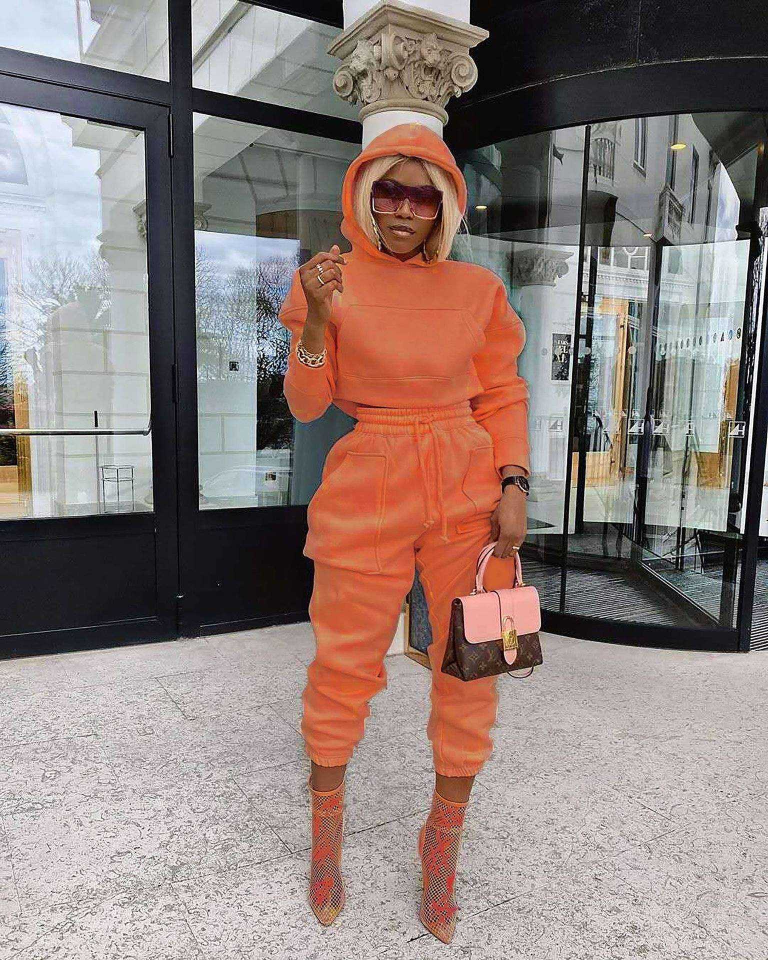 Fall Autumn Ladies Clothing Casual Solid Hoodie Jogger Suit Womens Sweat Pocket Crop Sweatsuit 2 Piece Pants Sets - imagine 4